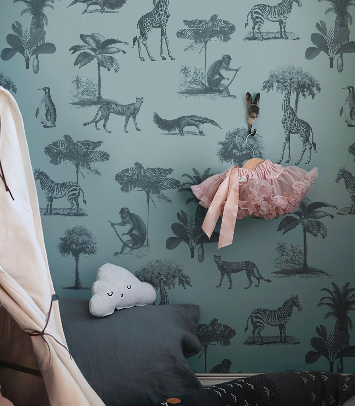 Vintage Tiere dunkle Minze Tapete