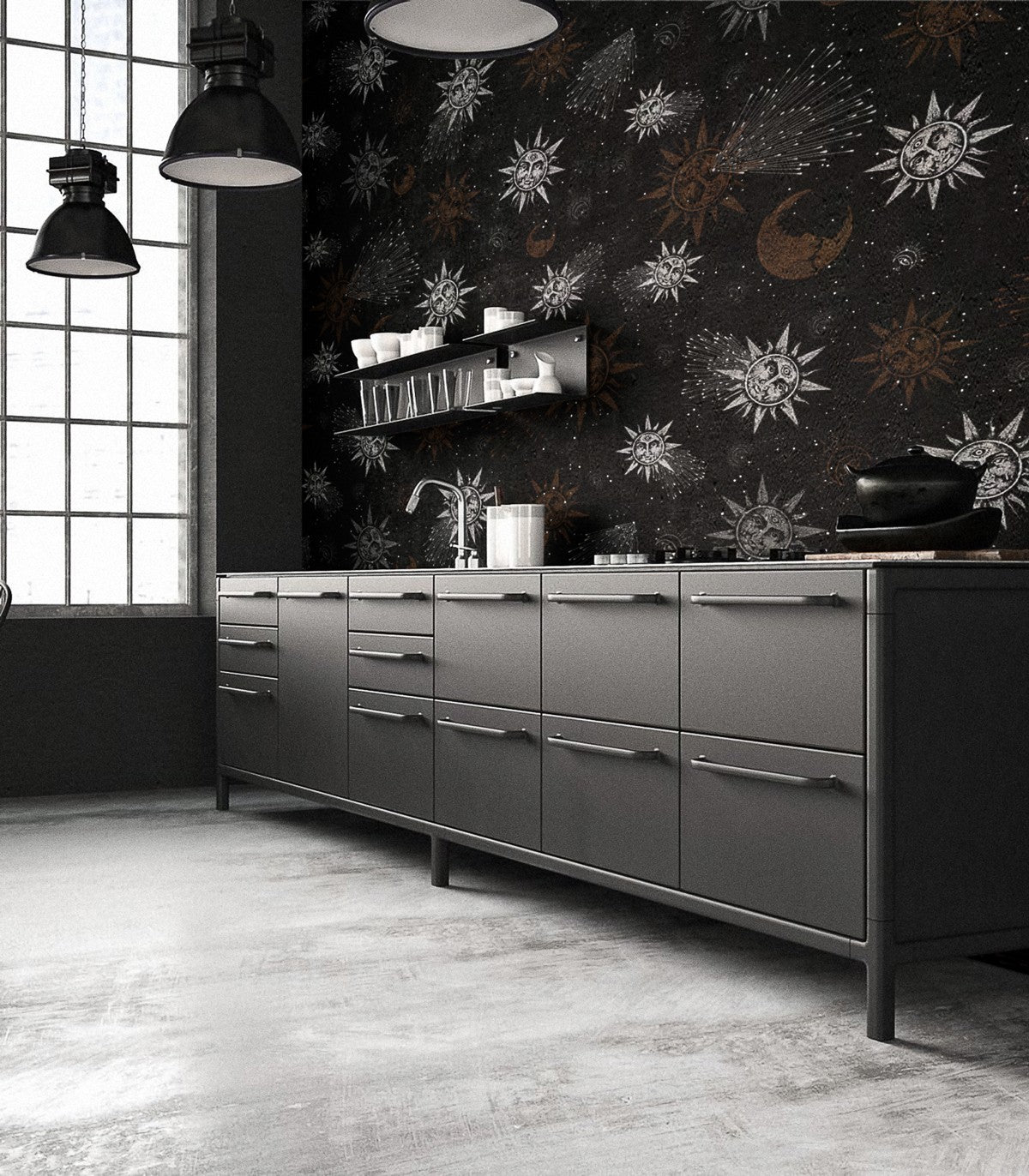 Mond und Sonne rote Tapete